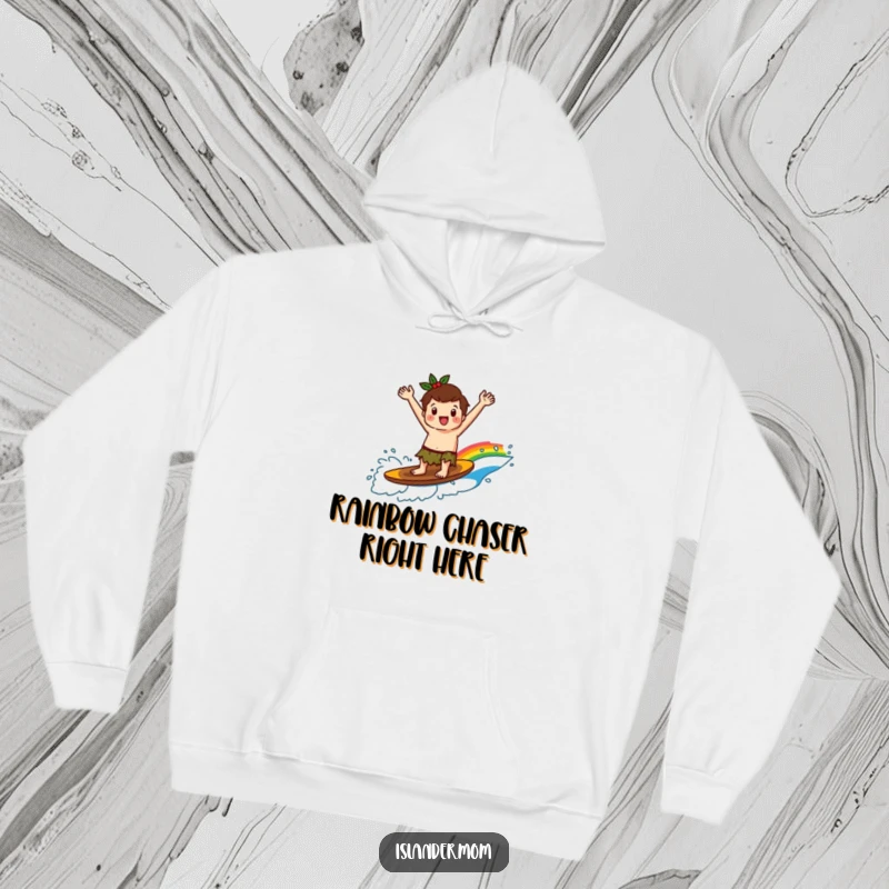 Funny kawaii islander character in a hoodie, surfing with pure glee on a bright rainbow wave, embodying adventure and fun.