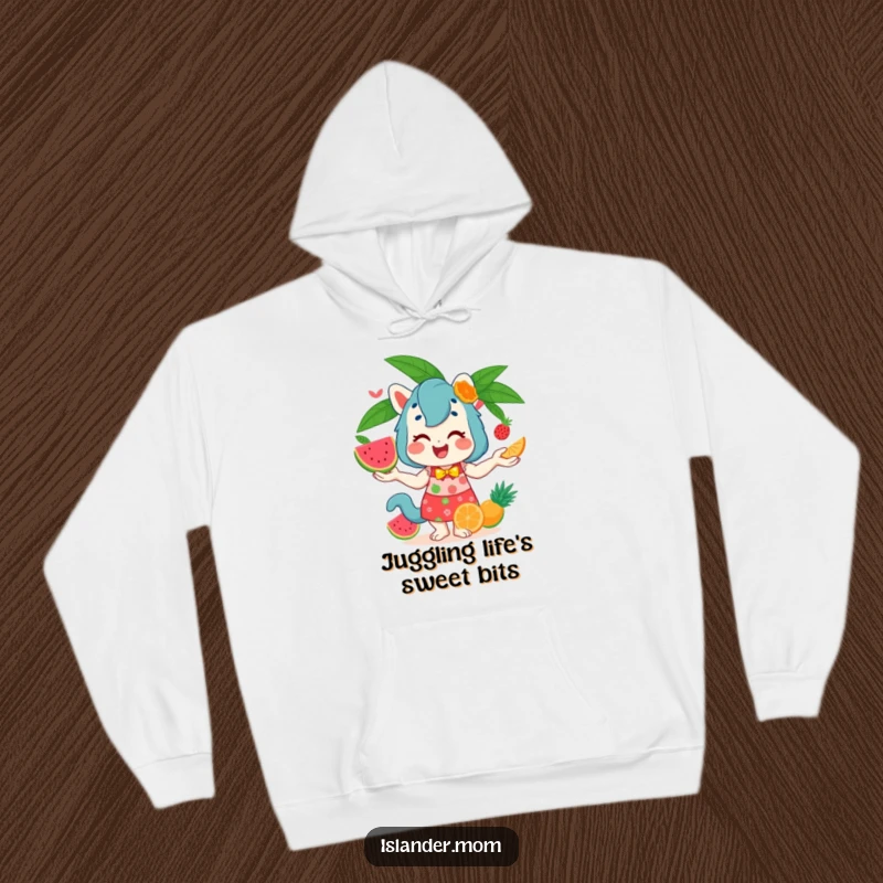 Funny Hoodie depicting a charming islander mom animal juggling a colorful assortment of tropical fruits, radiating a happy, busy vibe.