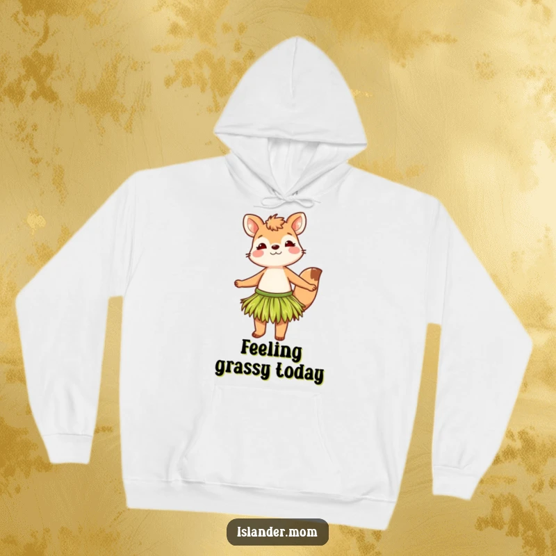 Funny hoodie featuring a cheerful animal character in a grass skirt, capturing the spirit of joyful movement and island festivity.