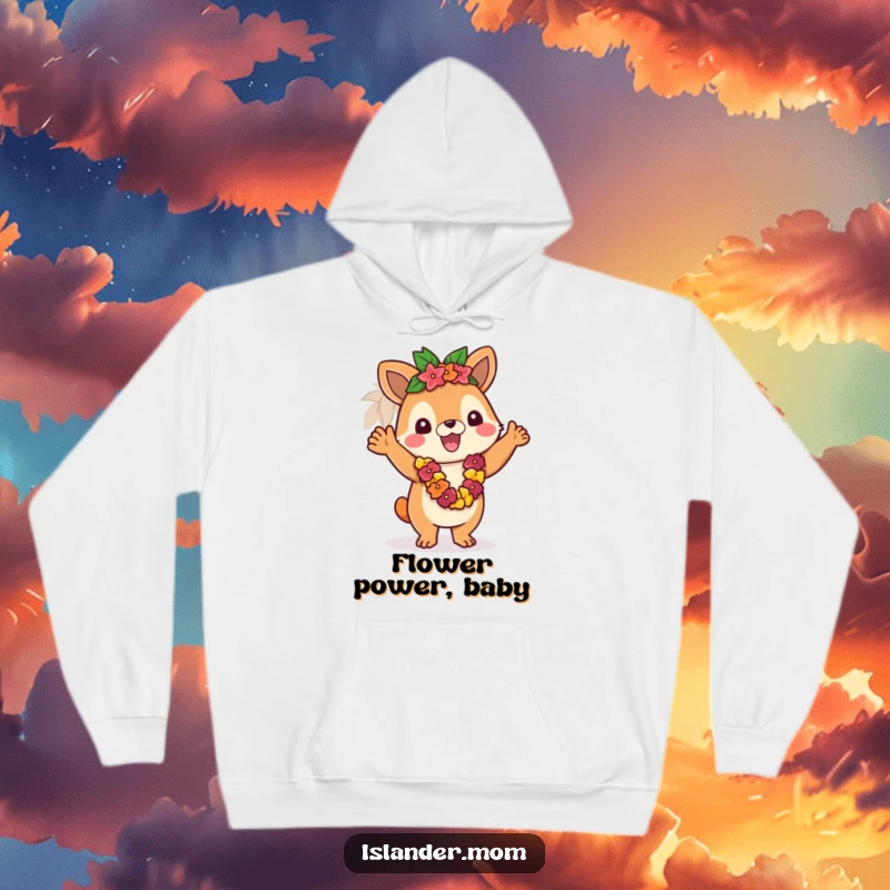 Funny hoodie with an islander animal character enthusiastically waving a colorful lei, radiating warmth and welcome.