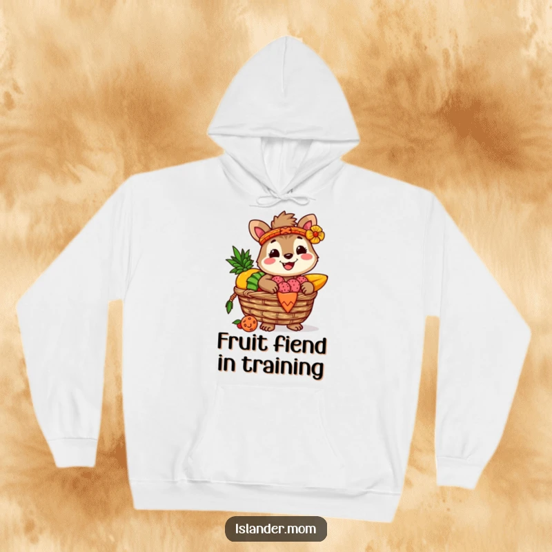 Funny hoodie depicting a smiling islander animal character carrying a generously filled woven basket of assorted tropical fruits, radiating warmth and happiness.