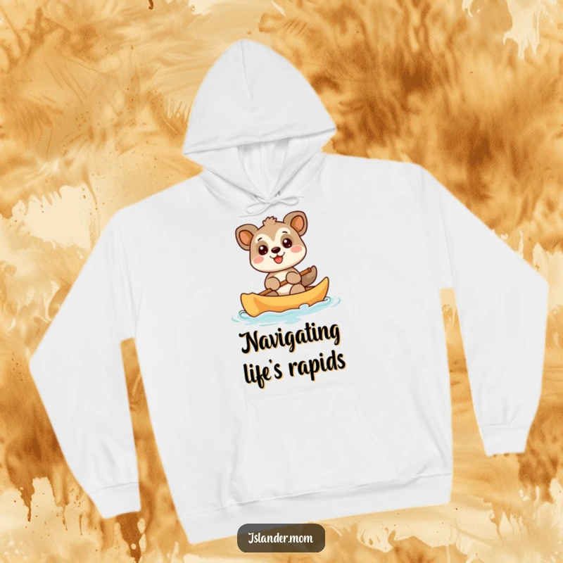 Funny animal character smiling widely while paddling a canoe, a warm and humorous hoodie for outdoor adventures and relaxation.