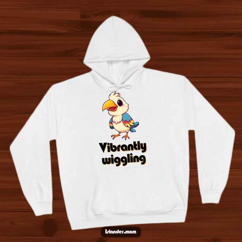 Funny playful bird hoodie, featuring a bird doing a colorful shimmy, offering warmth and a touch of island cheer.
