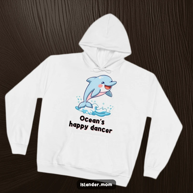 Funny Dolphin Hoodie: A grinning dolphin catches air above a wave, exuding happiness and playful energy, perfect for cozy wear.
