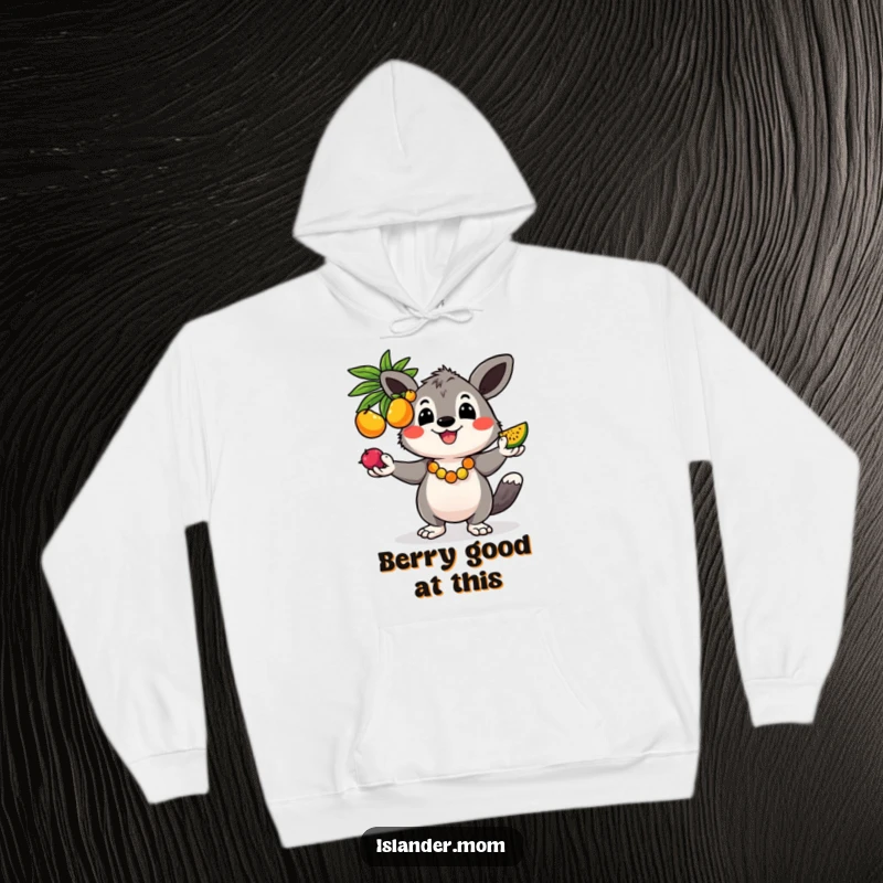 Funny hoodie with a happy kawaii islander animal juggling colorful fruits, perfect for cozy tropical vibes.