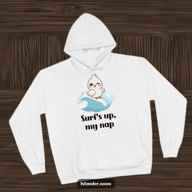 Funny mama bird winking and riding a wave on a hoodie. Warm, humorous beachwear, a perfect funny gift for bird lovers.