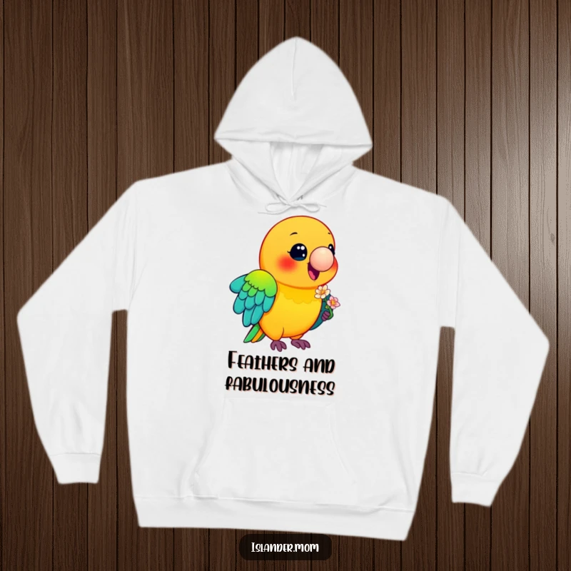 Funny Parrot Hoodie: A smiling, multi-colored parrot holds a flower in its beak, offering cozy comfort and tropical flair.