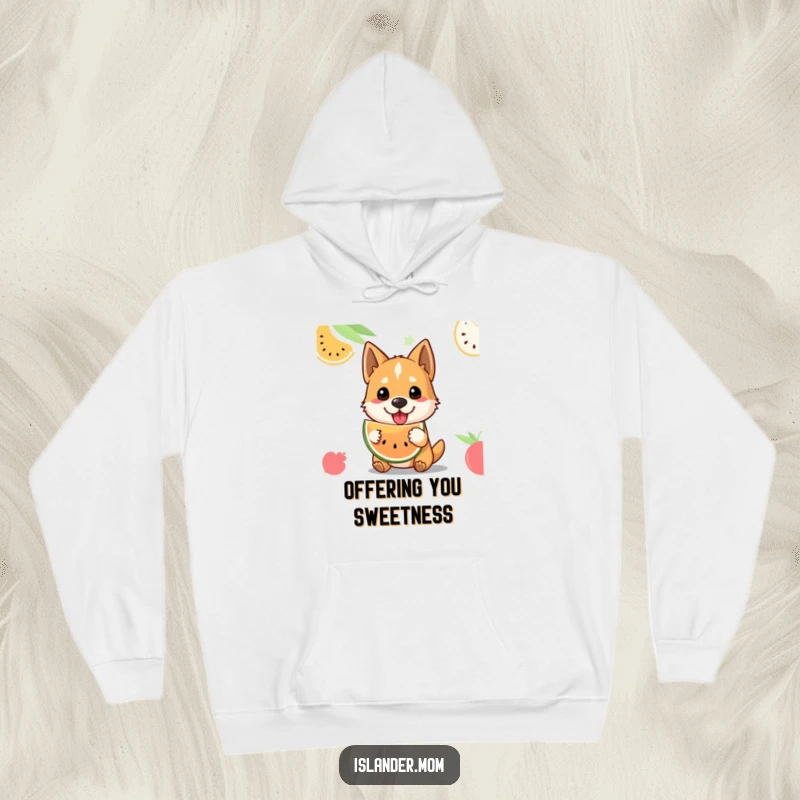 Funny tropical fruit dog hoodie featuring a welcoming dog offering fruit, perfect for staying warm with island hospitality.