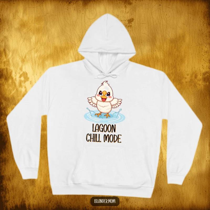 Funny Mama Bird Lagoon Splash Hoodie: A smiling mama bird joyfully splashes water with its feet in a lagoon.