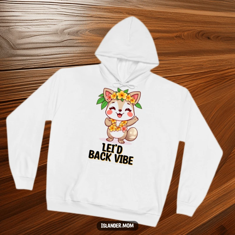 Funny hoodie featuring a smiling island animal character adorned with a flower lei, dancing with infectious island energy.