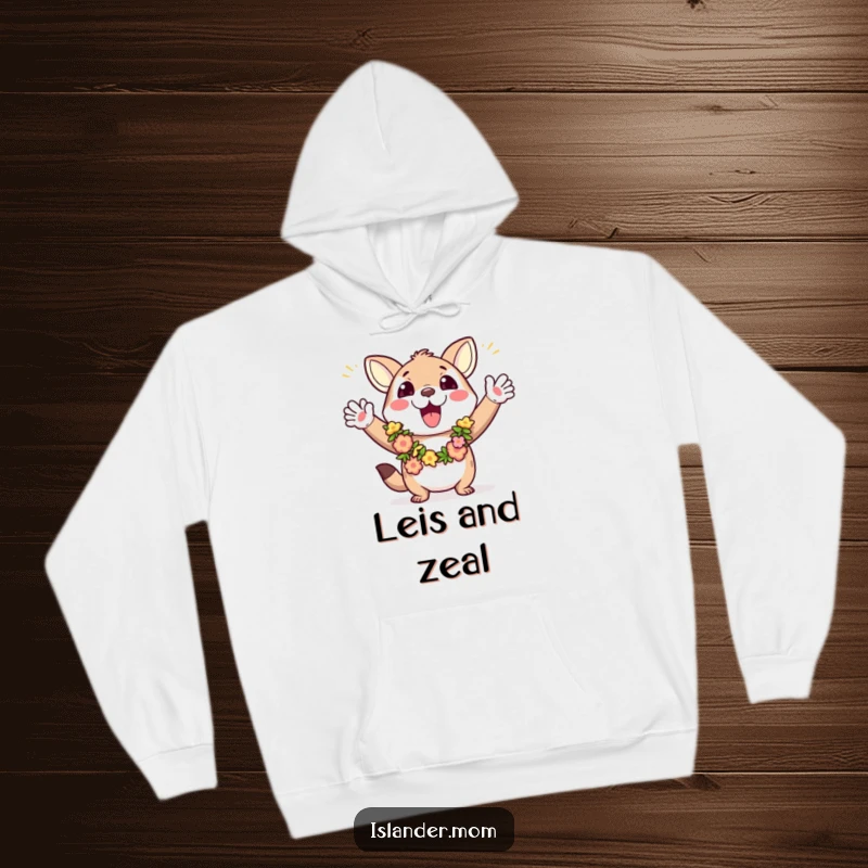Funny hoodie featuring an excited animal wearing leis and waving arms, radiating contagious energy and tropical festivity.