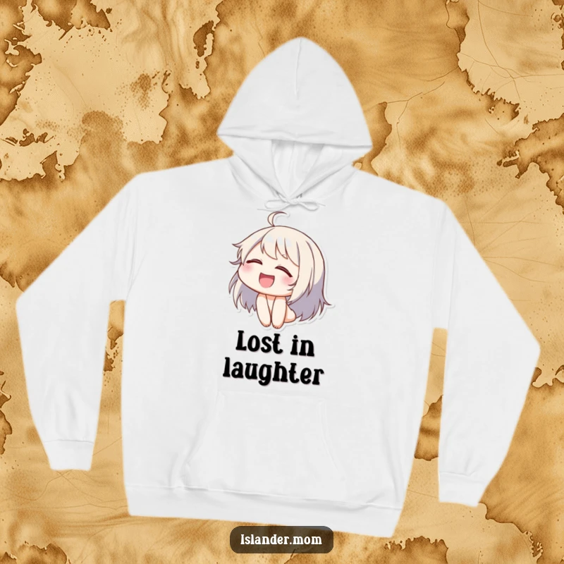 Funny hooded sweatshirt showing a character lost in laughter, eyes closed, head tilted back in pure, uninhibited delight.