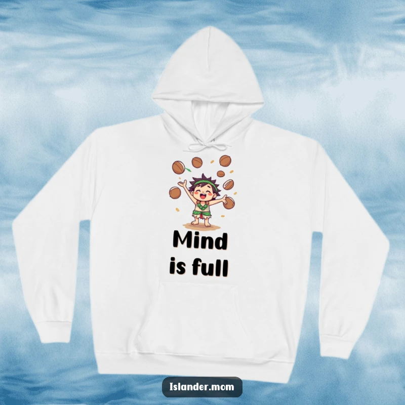 Funny Hoodie: A happy kawaii islander character energetically juggles coconuts, offering warmth and a dose of tropical fun.