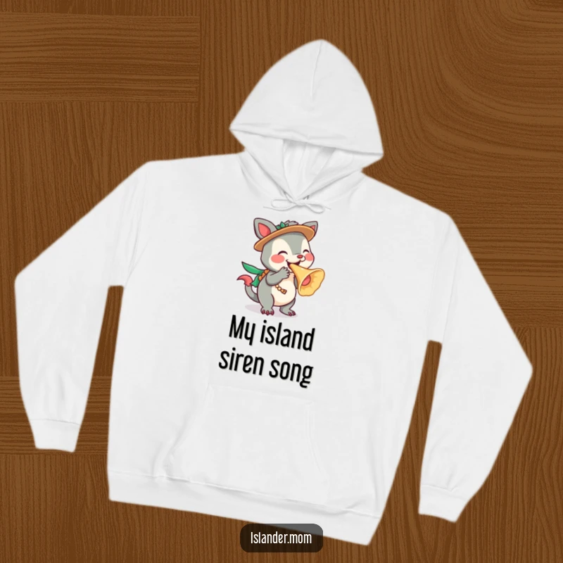 Funny Islander Animal Hoodie featuring a character playfully blowing a conch shell, perfect for warm island vibes, a funny gift.
