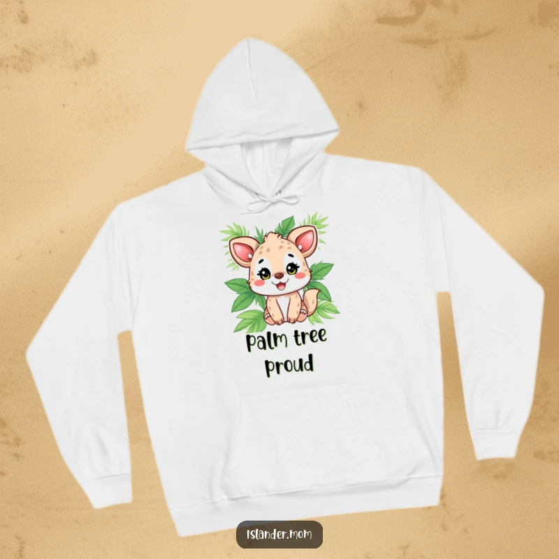 Funny animal character beaming while wearing palm leaves, a warm and humorous hoodie that brings tropical comfort and cheerful vibes.
