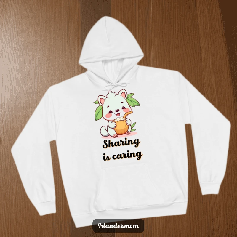 Funny hoodie with a kawaii islander animal sporting a big grin while sharing a coconut drink, embodying fellowship.