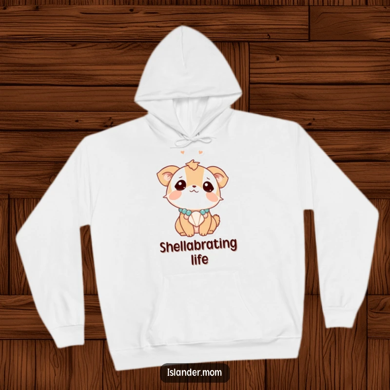 Funny animal character with a dreamy expression, wearing a seashell necklace, a warm and humorous hoodie for relaxation and imagination.