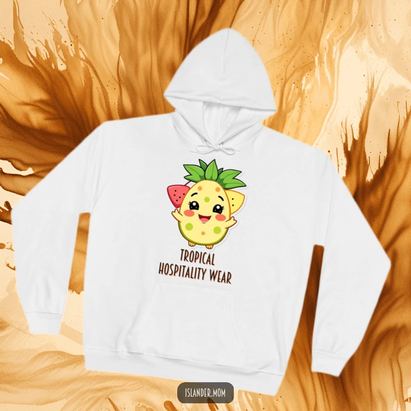 Funny hoodie design of a grinning character offering a bright tropical fruit, providing warmth, comfort, and a welcoming, humorous appeal.