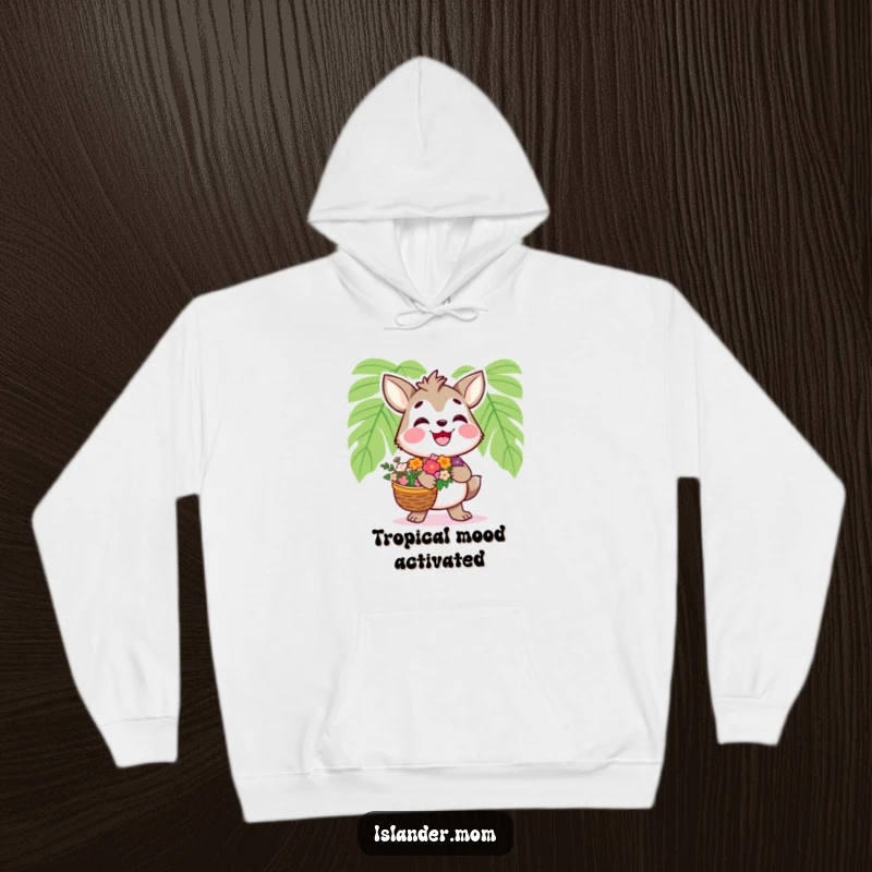 Funny Islander Animal Hoodie: Soft hoodie with a smiling islander character carrying flowers, perfect cozy funny gift.