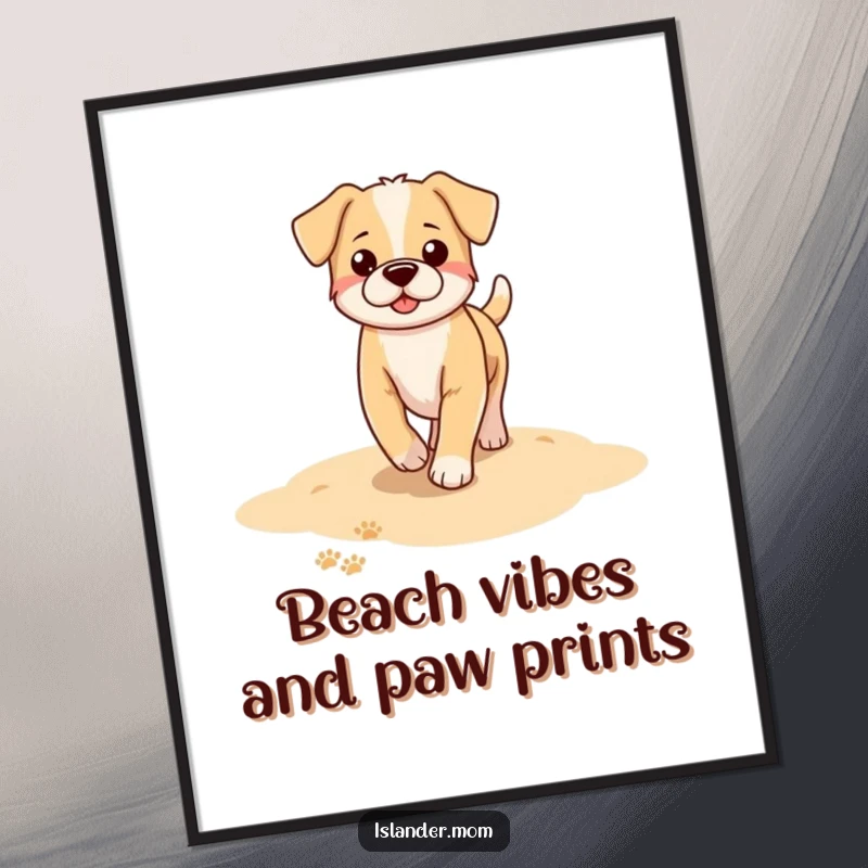 Funny Free Printable Wall Art: A dog joyfully walks along a sandy beach, leaving a trail of unique paw prints.
