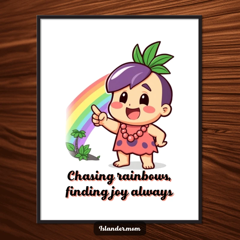 Funny Free Printable Wall Art: An excited islander character pointing at a magnificent rainbow, a joyful tropical scene.