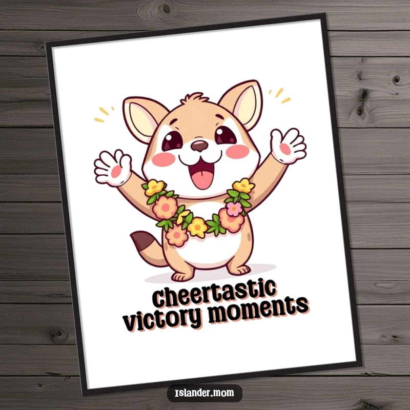 Funny free printable wall art of an excited animal adorned with leis, energetically waving arms and cheering with pure tropical joy.