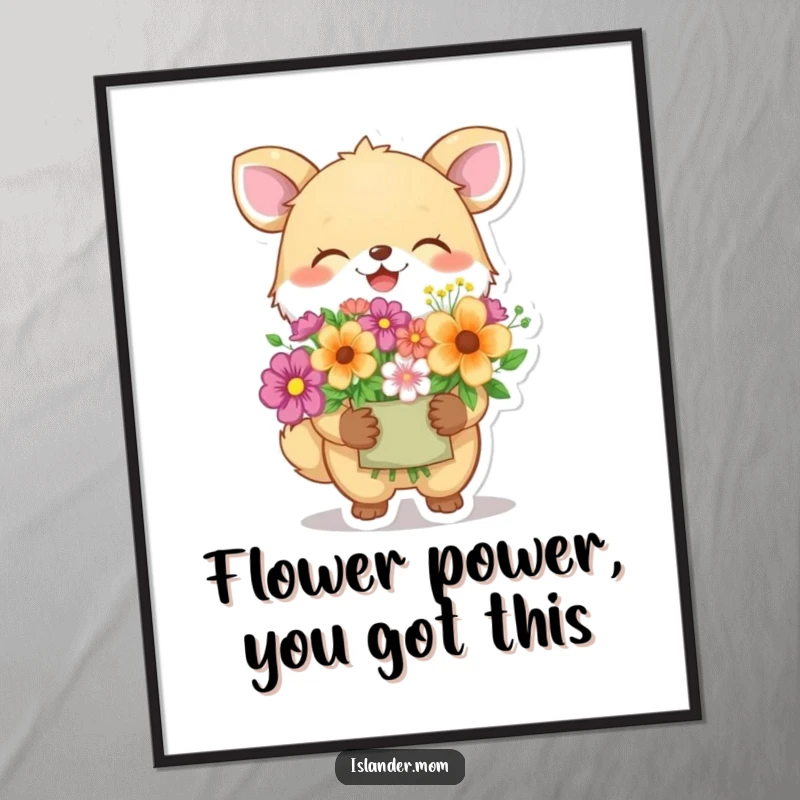 Funny Free Printable Wall Art: A giggling animal holds a vibrant bouquet of flowers, radiating pure joy and playful charm.