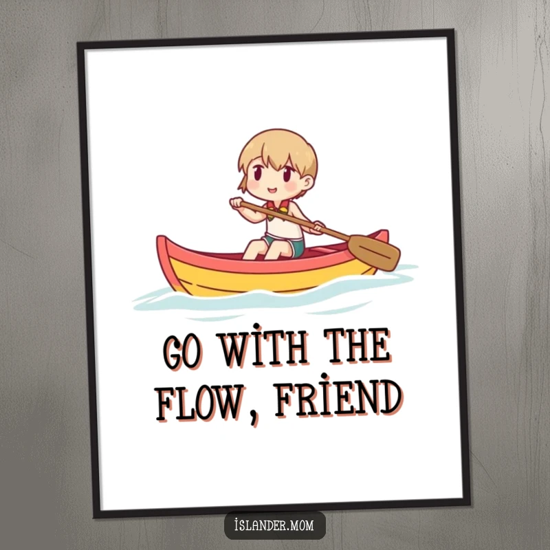 Funny Free Printable Wall Art: Character happily paddling a small, colorful outrigger canoe across calm waters, whimsical Downloadable Art.