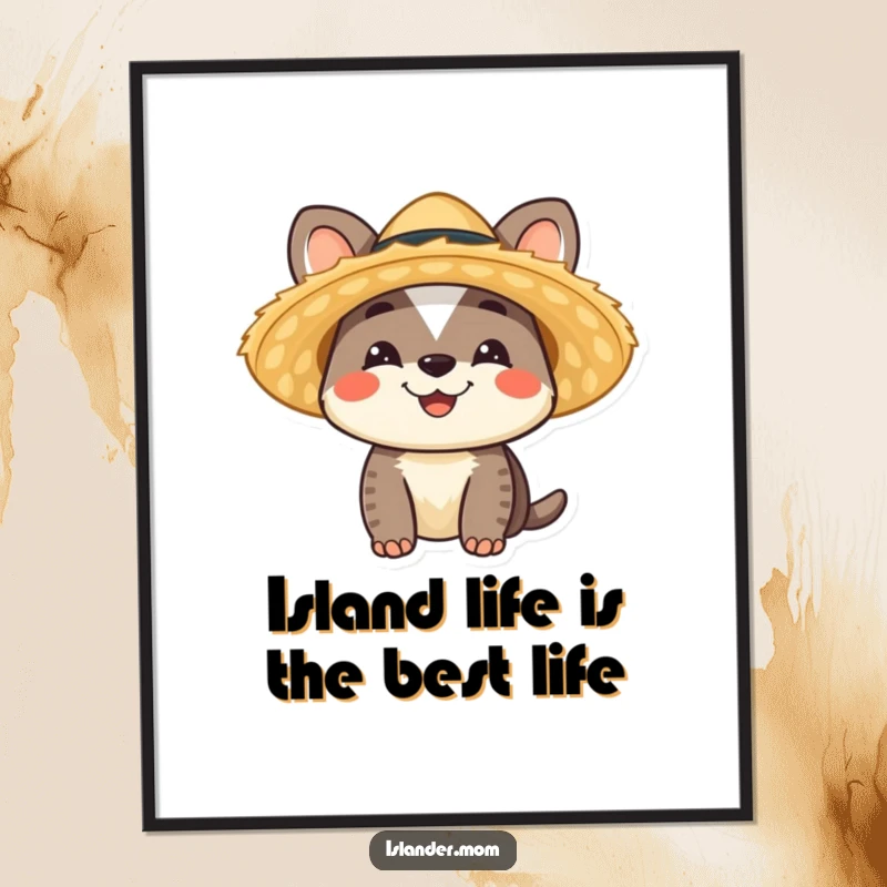 Funny Free Printable Wall Art: Cheerful islander animal character wearing a traditional straw hat, exuding tropical happiness.