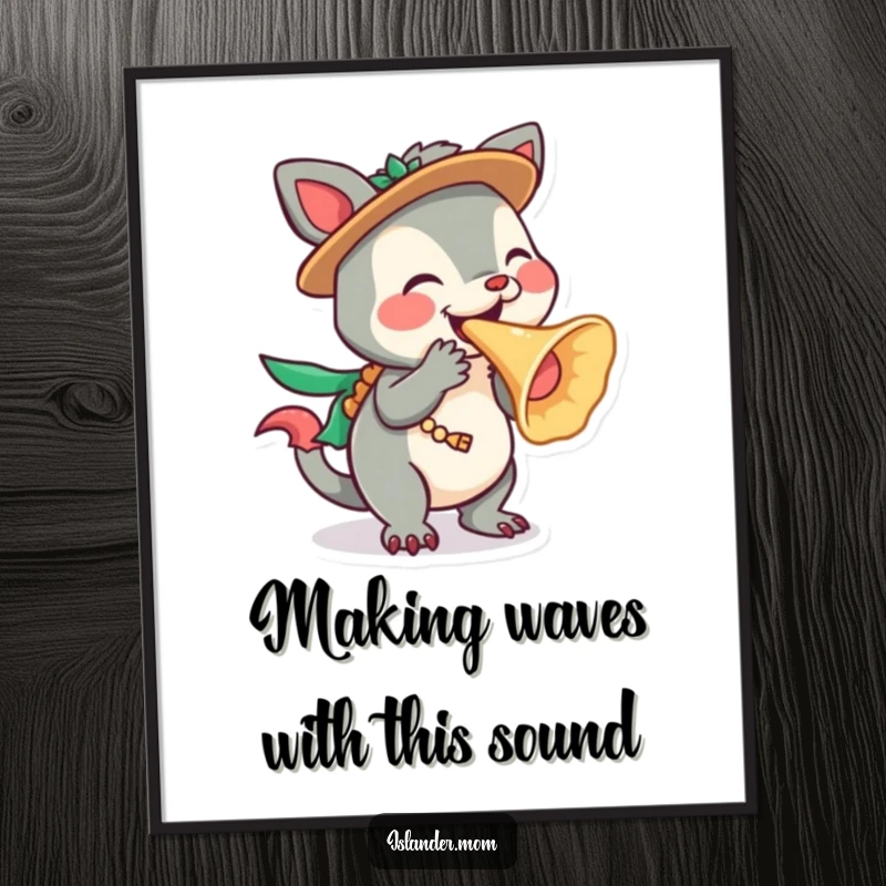 Funny Free Printable Wall Art: Animated islander animal character playfully blowing a large conch shell with a joyful expression.