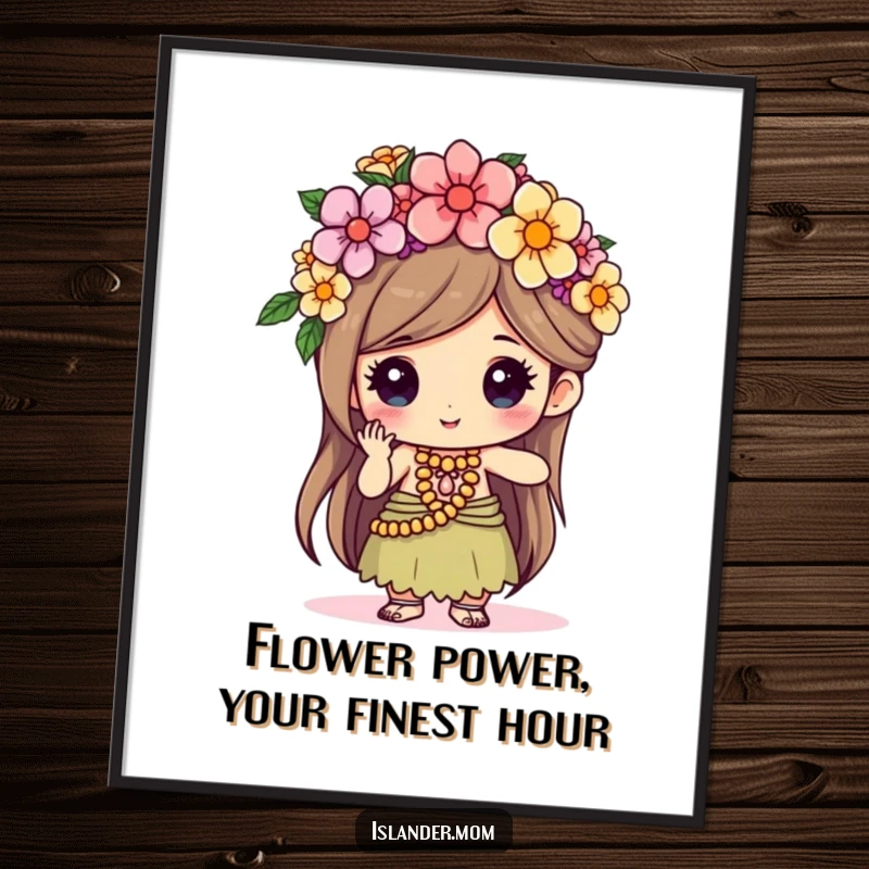 Funny Free Printable Wall Art: Kawaii islander concentrically weaving a vibrant flower crown with focused, happy delight.