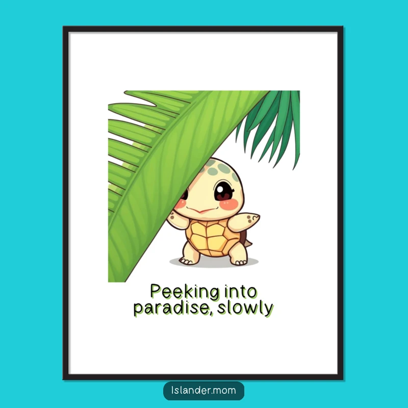 Free Printable Wall Art: Curious Island Turtle Behind Palm Leaf