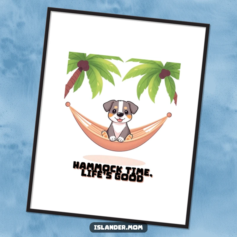 Funny Free Printable Wall Art: Dog relaxing in a hammock between palm trees, exuding a peaceful, humorous vacation mood.