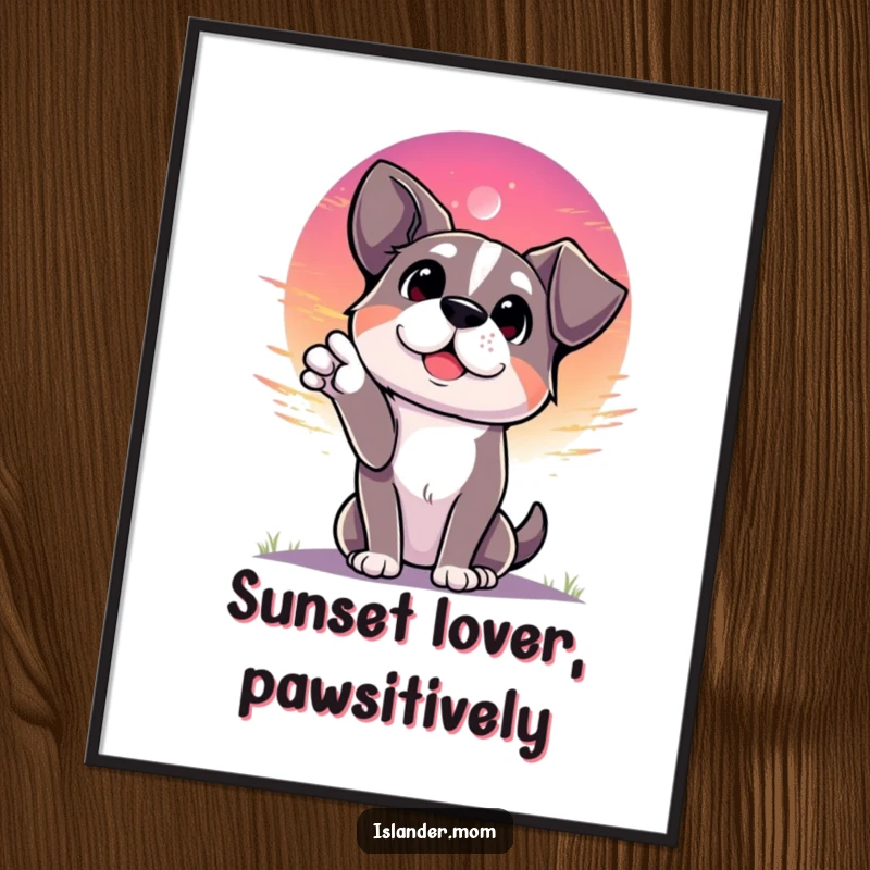 Funny Free Printable Wall Art: Dog gestures towards a vibrant sunset with a look of pure awe and contemplation.