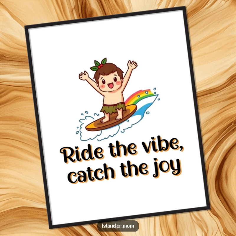 Funny Free Printable Wall Art: Kawaii islander gleefully surfing a spectacular rainbow wave, pure excitement.