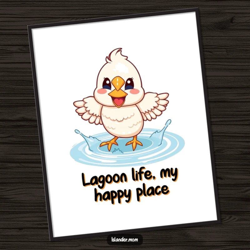 Funny Free Printable wall art of a mama bird with a wide smile, splashing water with its feet in a lagoon, a joyful downloadable art piece.
