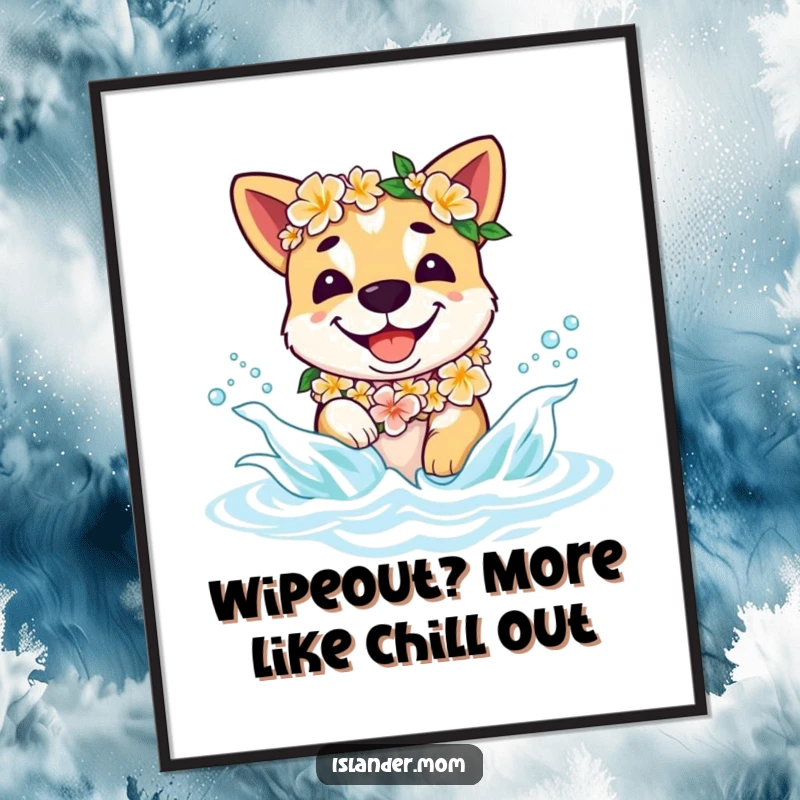 Funny Free Printable Wall Art: Islander dog in a flower lei gleefully splashing in gentle ocean waves, tropical decor.