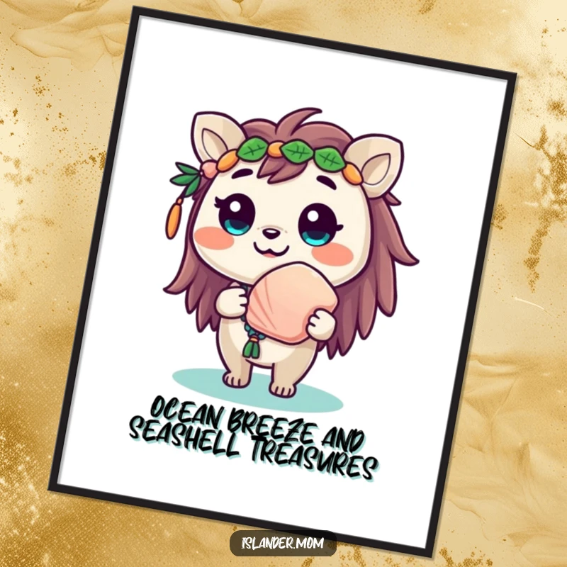 Funny Free Printable Wall Art: A cute islander animal beaming with a smile, offering a unique seashell as a decorative piece.