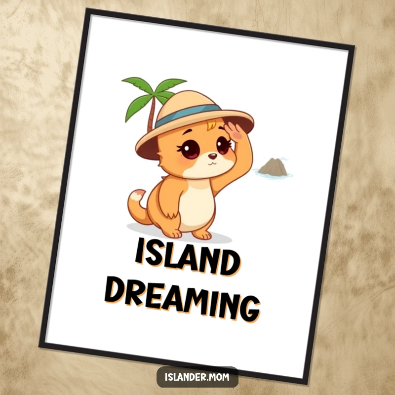 Funny free printable wall art: an islander mom animal shading her eyes, looking thoughtfully towards a distant, serene island.