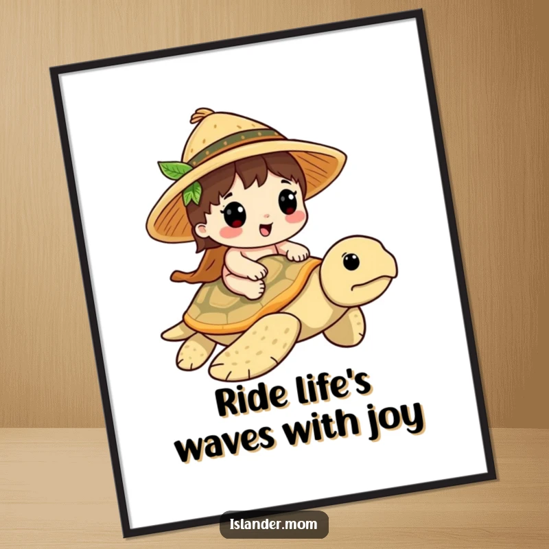Funny Free Printable Wall Art: A kawaii islander in a straw hat rides a friendly sea turtle, embodying a relaxed journey.