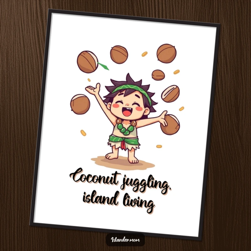 Funny Free Printable Wall Art of a Kawaii islander character masterfully juggling coconuts in the air, radiating pure joy and skill.