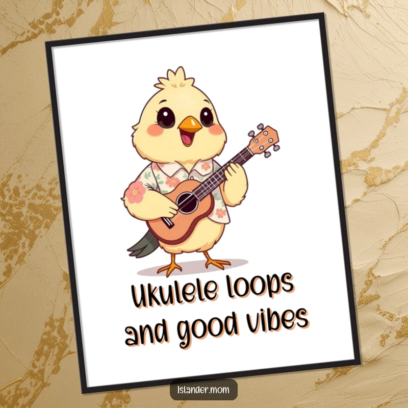 Funny Free Printable wall art of a mama bird in a floral shirt, joyfully strumming a small ukulele, a cheerful and musical piece of downloadable art.