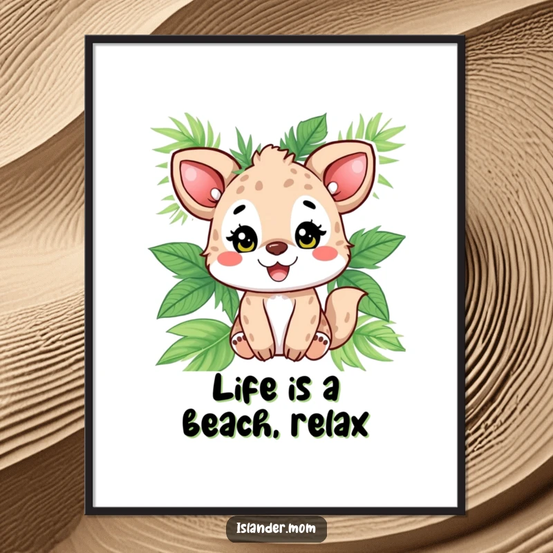 Funny Free Printable Wall Art: A delighted animal, draped in palm leaves, beams with a radiant smile, exuding tropical joy.