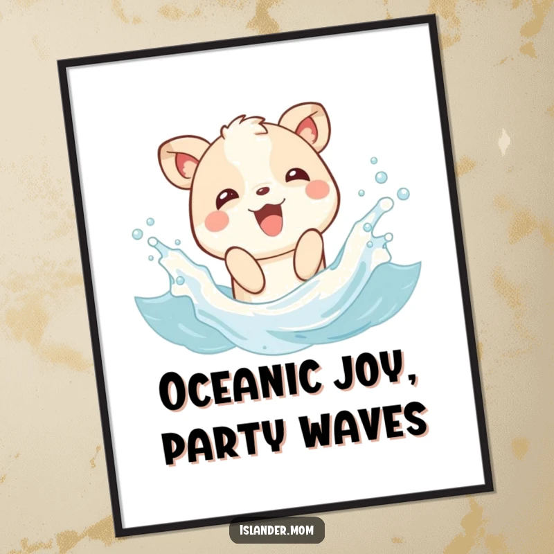 Funny free printable wall art depicting a joyful animal character happily splashing and playing in gentle, sun-kissed ocean waves.