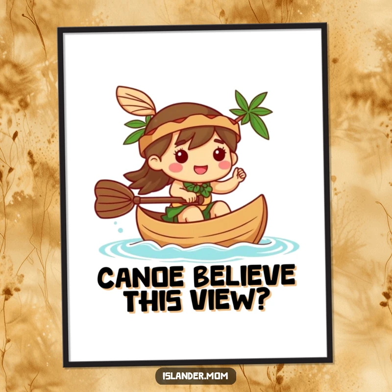 Funny Free Printable Wall Art of a Kawaii islander character happily paddling a small canoe and giving a friendly wave from the water.