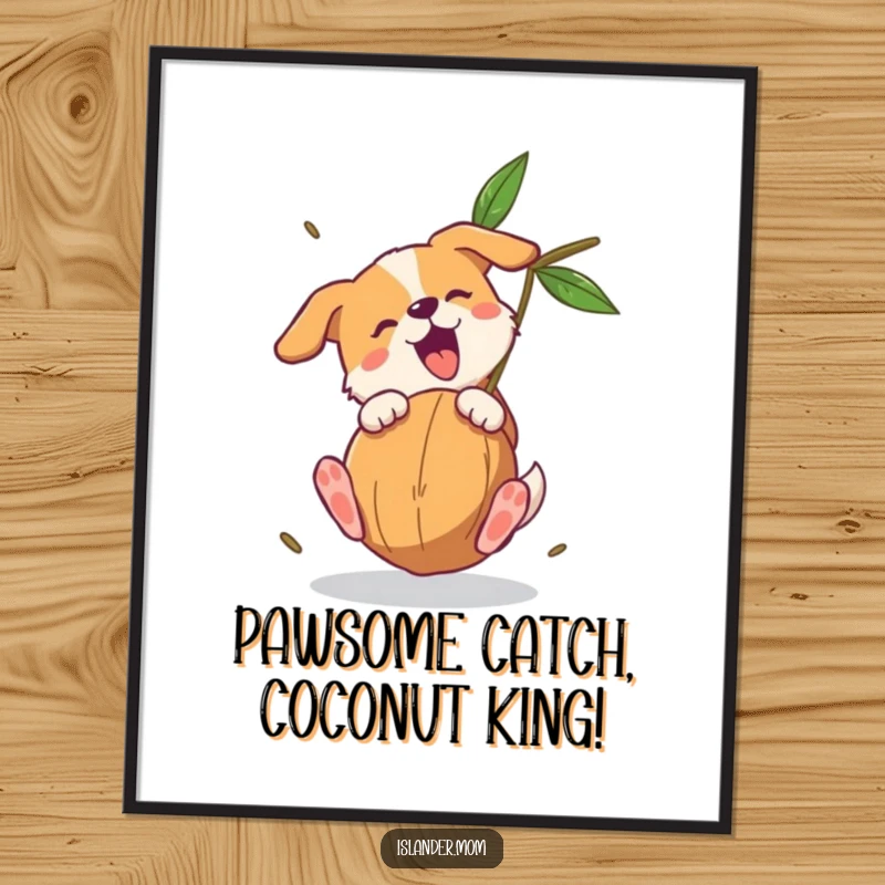 Funny Free Printable Wall Art: A cheerful dog leaps to catch a falling coconut with skilled paws, showcasing pure joy.