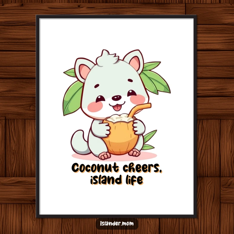 Funny Free Printable Wall Art, a beaming kawaii islander animal holding and sharing a coconut drink with a big smile.