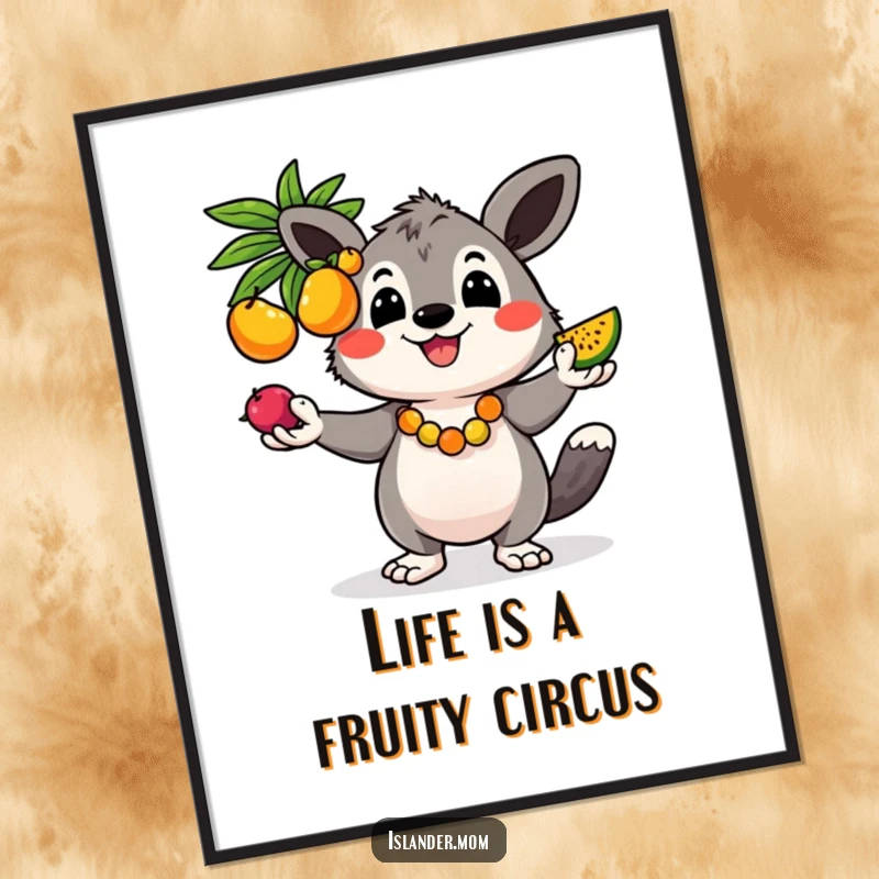 Funny Free Printable Wall Art: Kawaii islander animal in a tropical setting, joyfully juggling an assortment of colorful fruits.