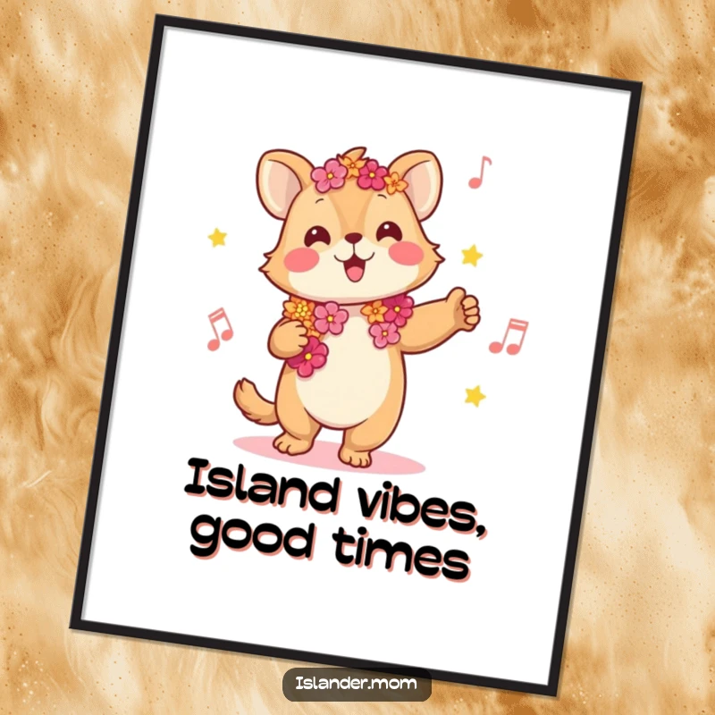 Funny Free Printable Wall Art: Kawaii islander animal adorned with a lei, swaying ecstatically to music in a tropical setting.