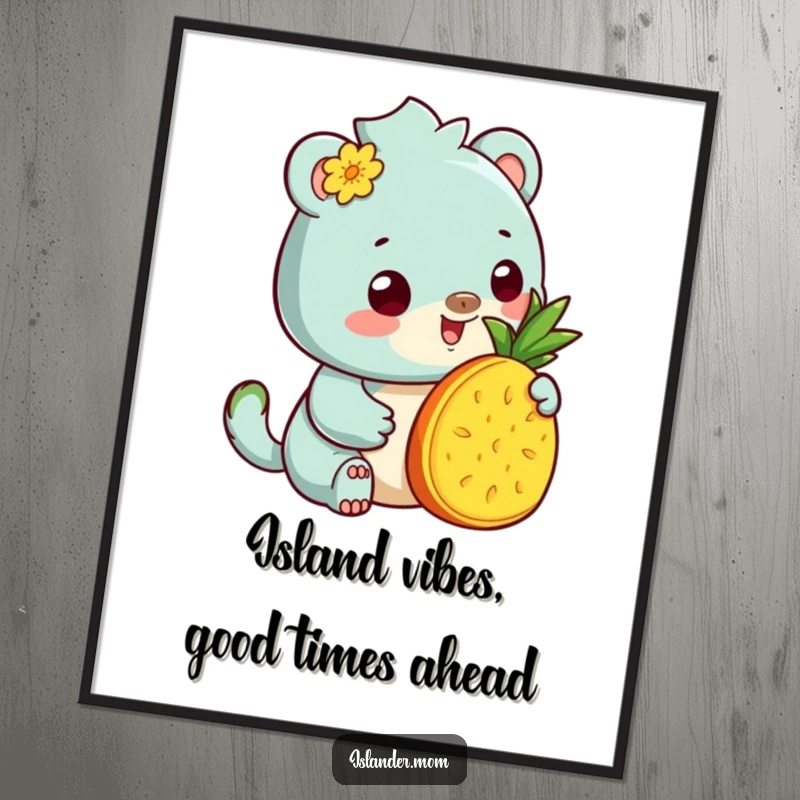 Funny Free Printable Wall Art: Kawaii islander animal radiating warmth while offering a delicious pineapple slice.